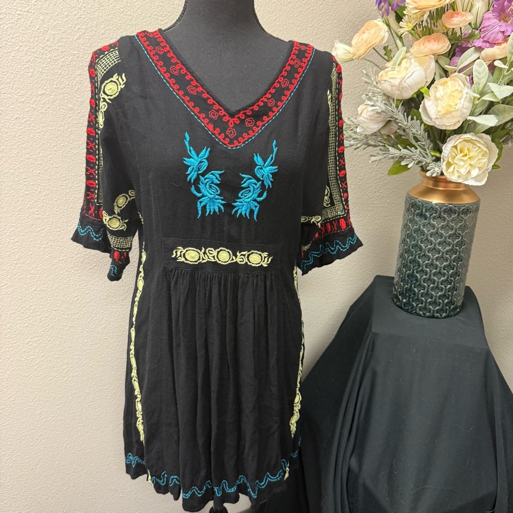 Ivy Jane Black Embroidered Boho Tunic Dress | Western Festival Top S